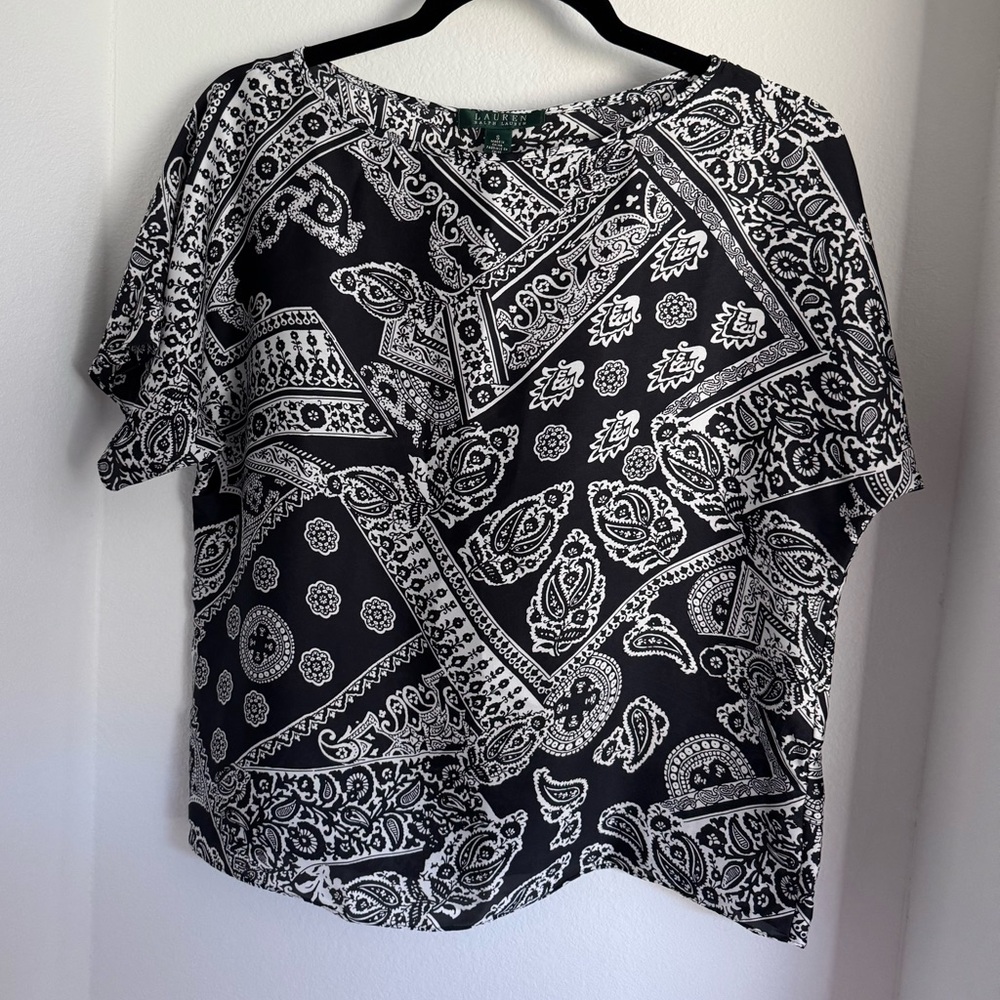 Ralph Lauren Blouse Black and White Patterned Short Sleeve size s